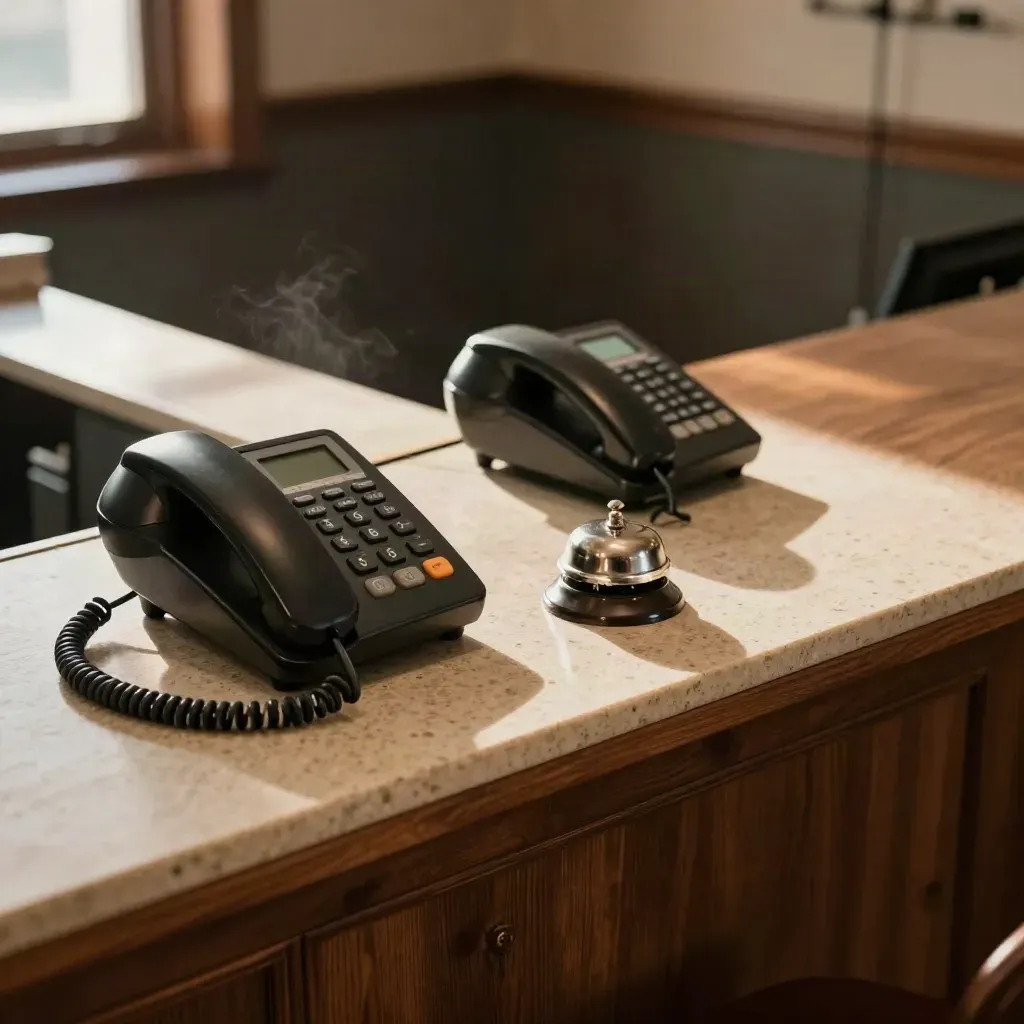 Two ready reception phones, a bell, and a visitor ledge in warm afternoon light.