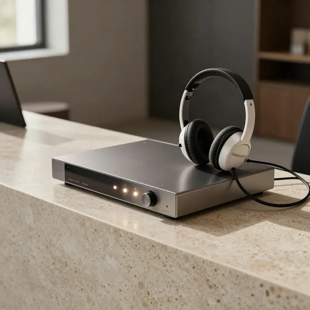 Voicemail console with blinking lights and a resting headset on travertine.