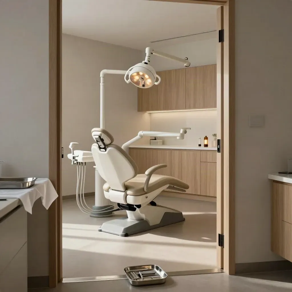 Empty dental operatory with chair, exam light, and tray ready for after-hours appointments.