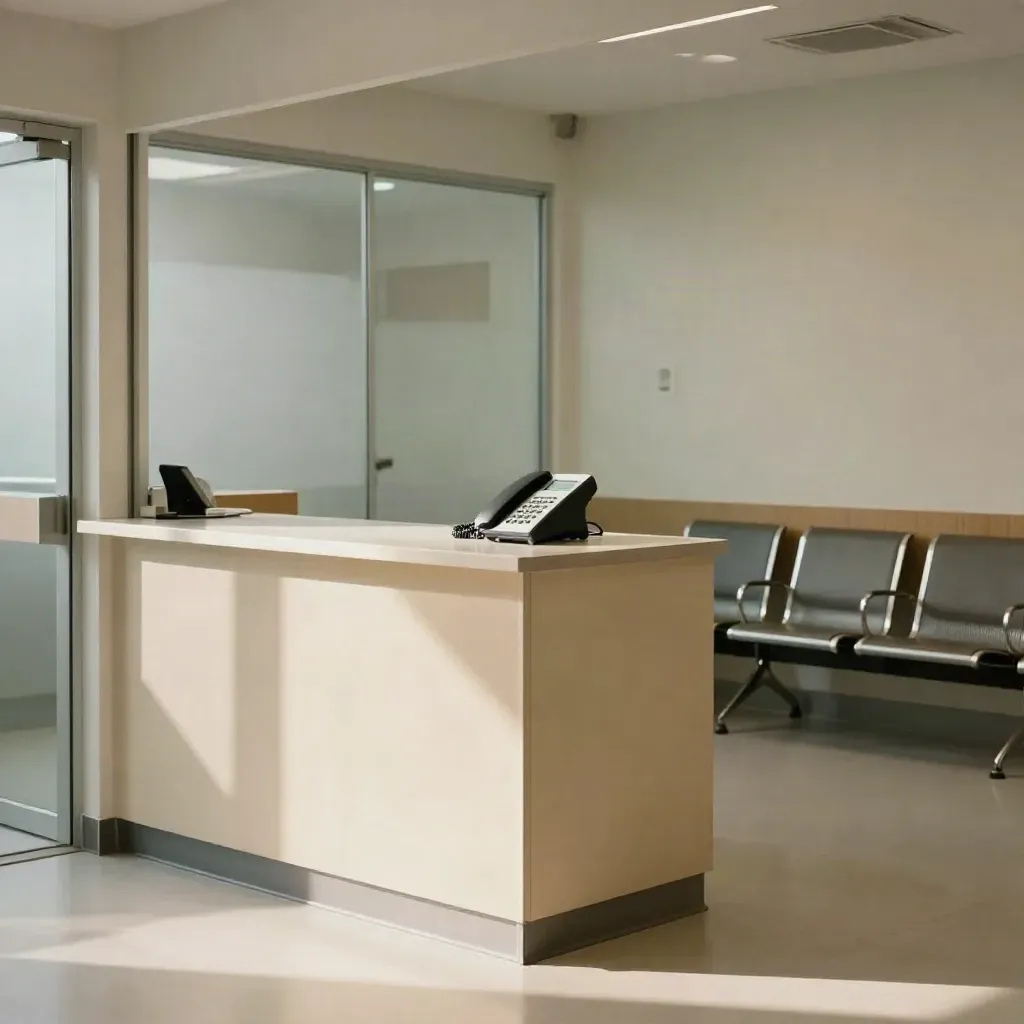 Empty clinic reception with chairs, glowing phone base, and calm sterile light.
