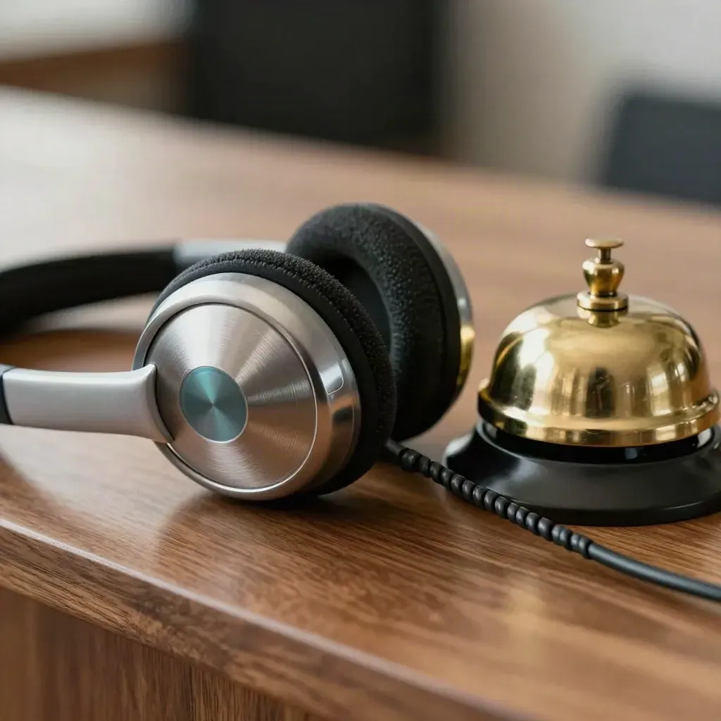 Brushed-metal headset, brass service bell, and coiled cord on walnut in dramatic macro close-up