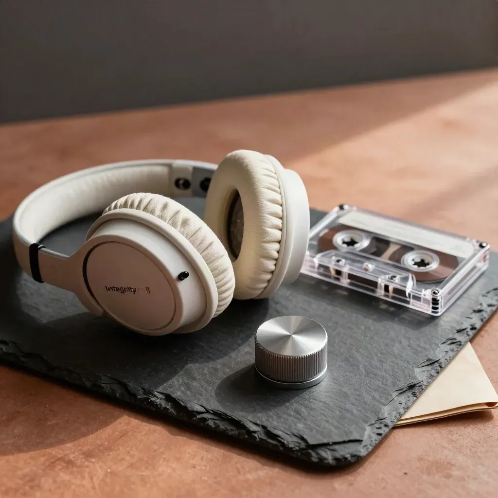 Headphone pads, a voice recorder cassette, and a review dial on a matte slate tray in warm daylight.