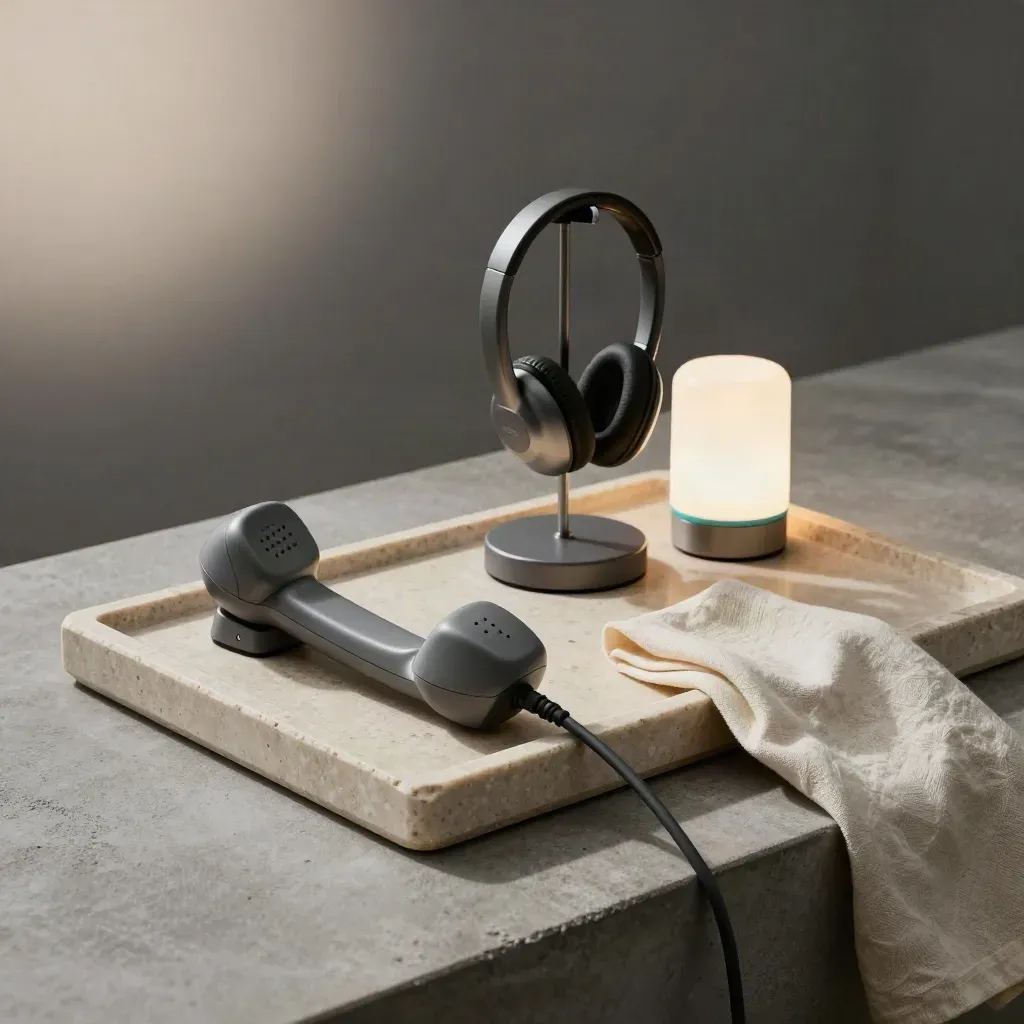 Handset, headset stand, and glowing line lamp on a stone tray with folded linen cloth.