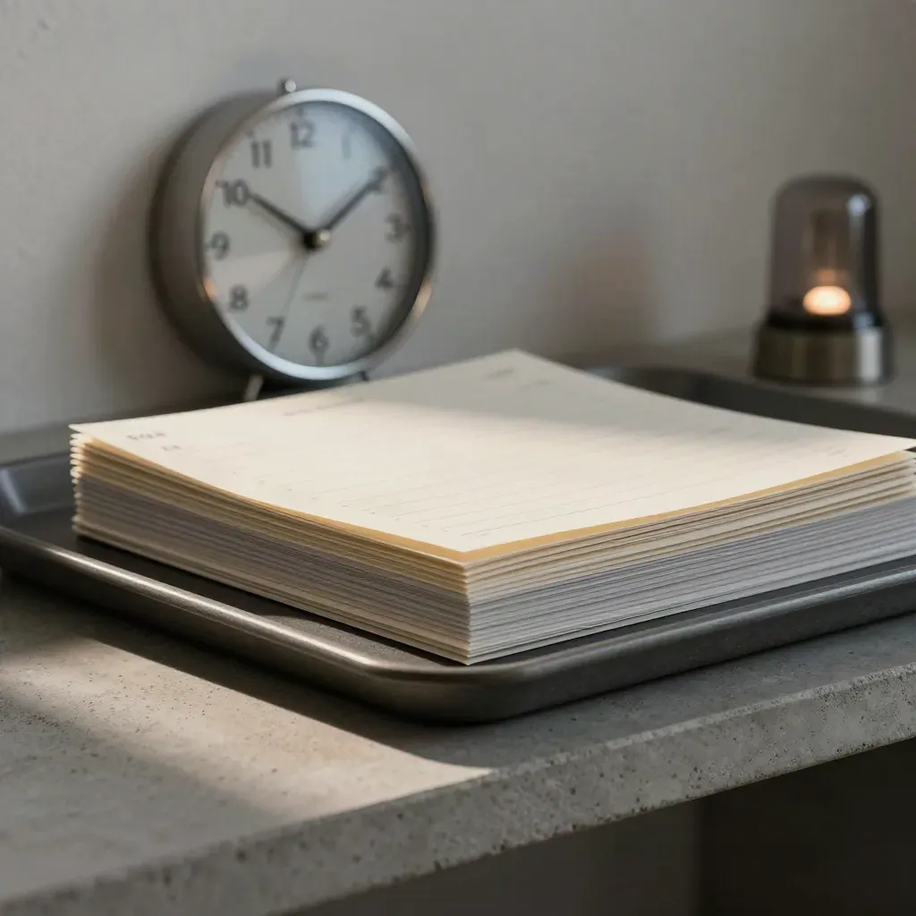 Stone results tray with reply tabs, wall clock, and a soft status lamp on a concrete shelf.
