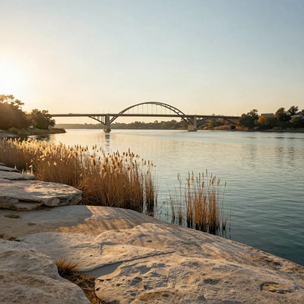 Congress Avenue Bridge over Lady Bird Lake at golden hour with reeds and limestone shore